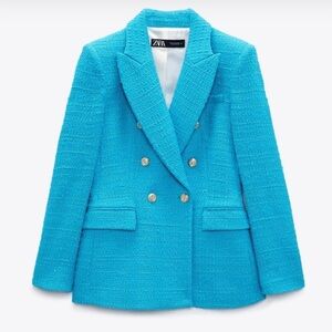 Zara Tweed Textured Weave Blazer Blue | Gold Buttons Size S Women's
